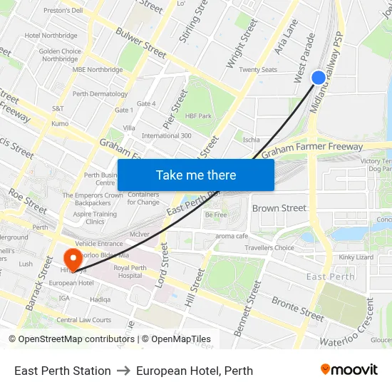 East Perth Station to European Hotel, Perth map