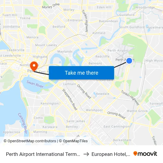 Perth Airport International Terminal T1 T2 to European Hotel, Perth map