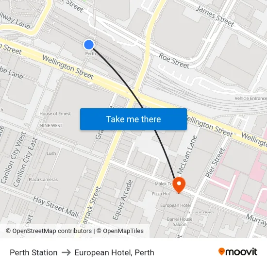 Perth Station to European Hotel, Perth map