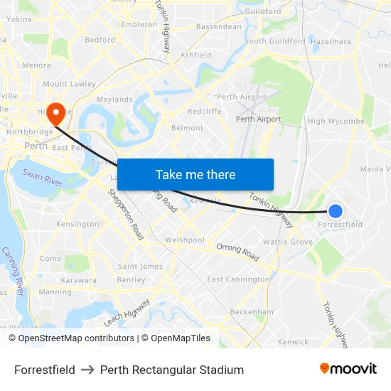 Forrestfield to Perth Rectangular Stadium map