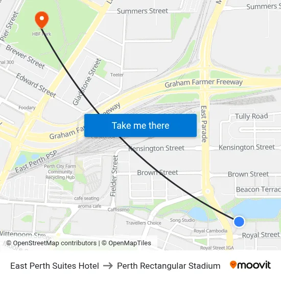 East Perth Suites Hotel to Perth Rectangular Stadium map