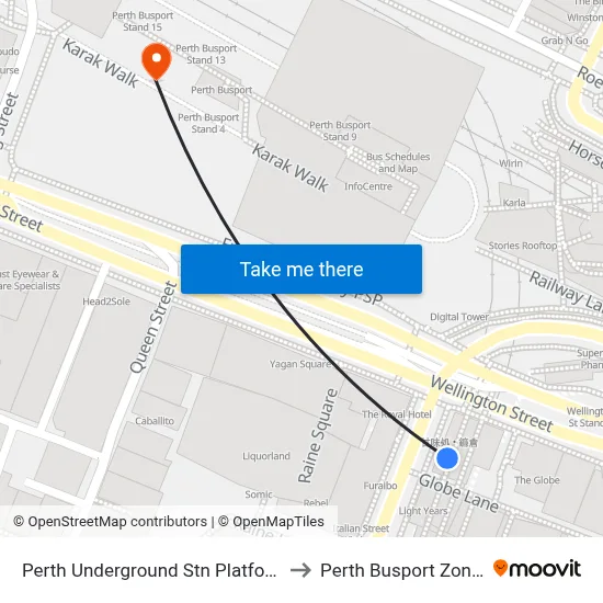 Perth Underground Stn Platform 1 to Perth Busport Zone B map