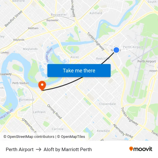 Perth Airport to Aloft by Marriott Perth map
