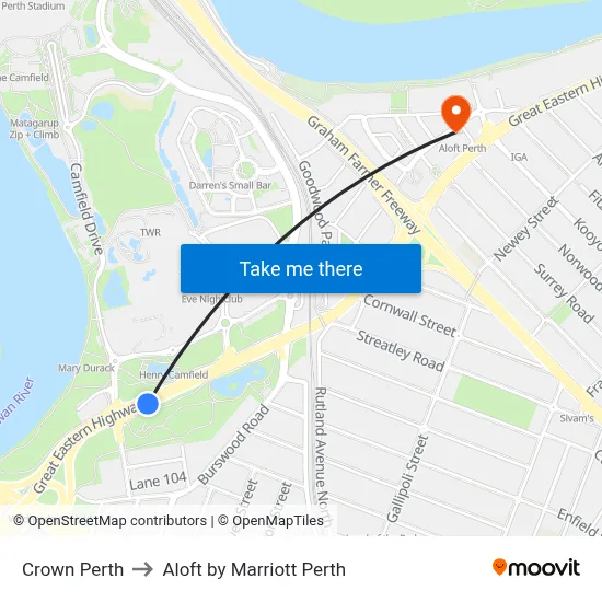 Crown Perth to Aloft by Marriott Perth map