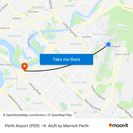Perth Airport (PER) to Aloft by Marriott Perth map