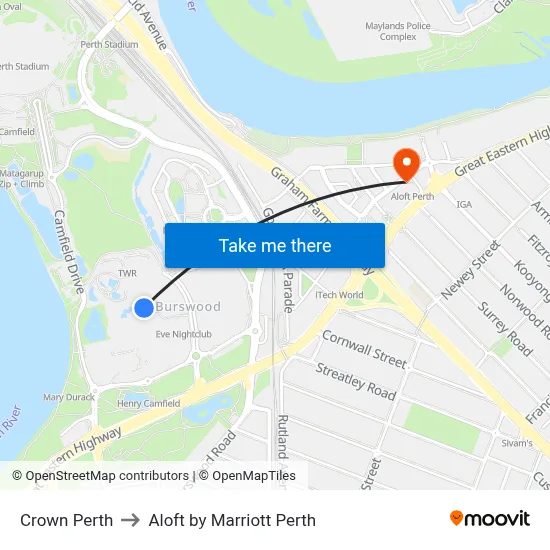 Crown Perth to Aloft by Marriott Perth map