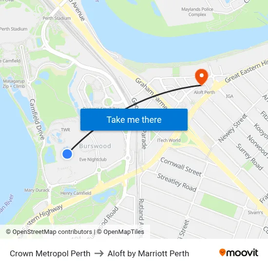 Crown Metropol Perth to Aloft by Marriott Perth map