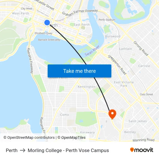 Perth to Morling College - Perth Vose Campus map