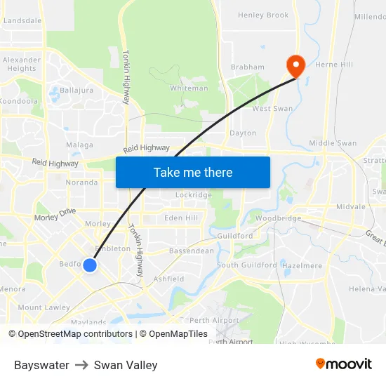 Bayswater to Swan Valley map