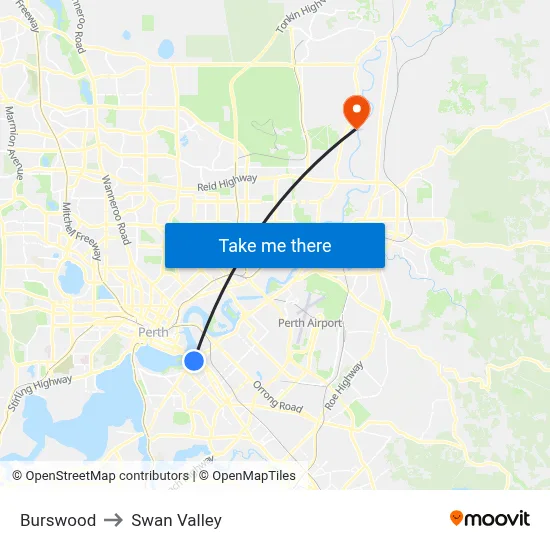 Burswood to Swan Valley map