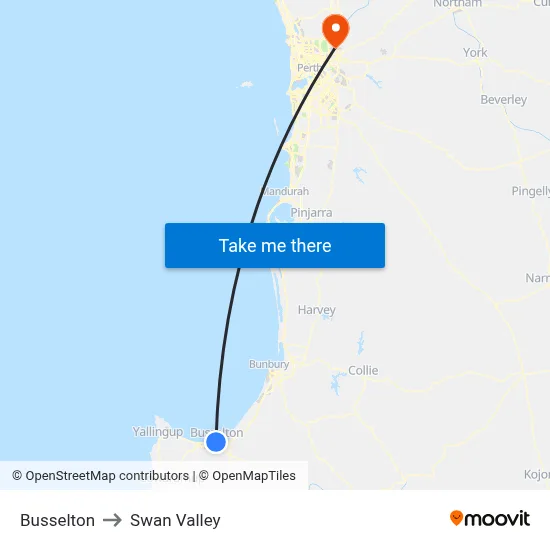 Busselton to Swan Valley map