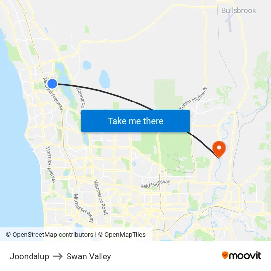 Joondalup to Swan Valley map