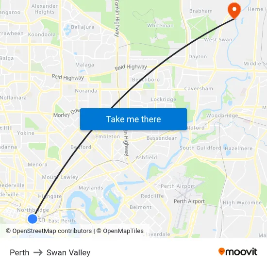 Perth to Swan Valley map