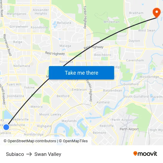 Subiaco to Swan Valley map