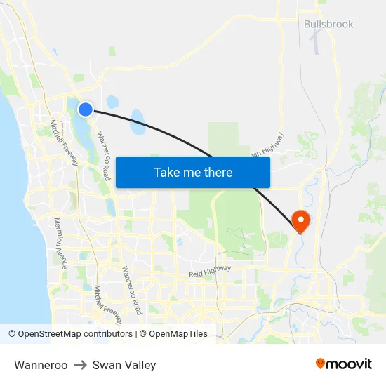 Wanneroo to Swan Valley map