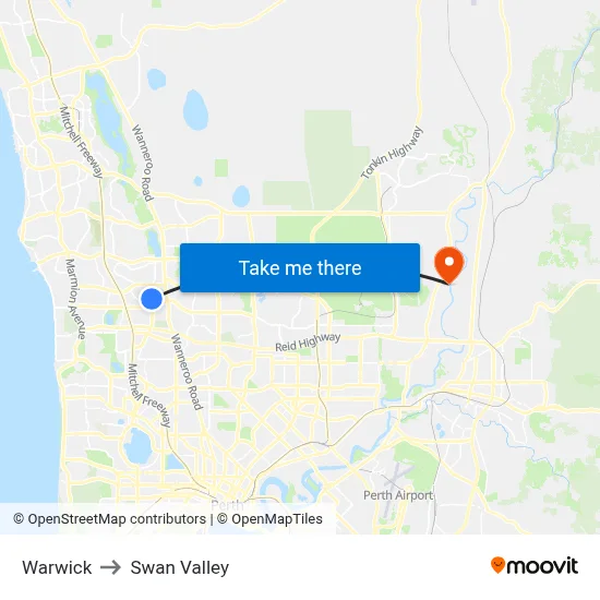 Warwick to Swan Valley map