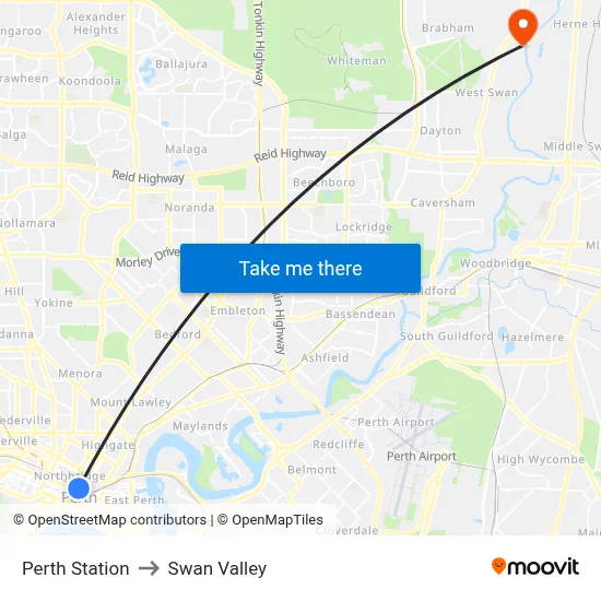 Perth Station to Swan Valley map
