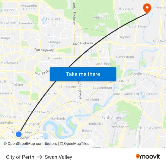 City of Perth to Swan Valley map
