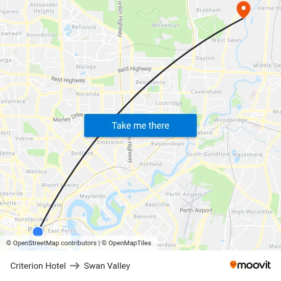 Criterion Hotel to Swan Valley map