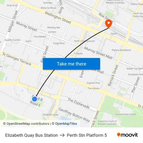Elizabeth Quay Bus Station to Perth Stn Platform 5 map