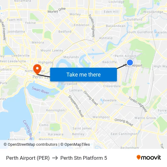 Perth Airport (PER) to Perth Stn Platform 5 map