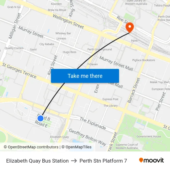 Elizabeth Quay Bus Station to Perth Stn Platform 7 map