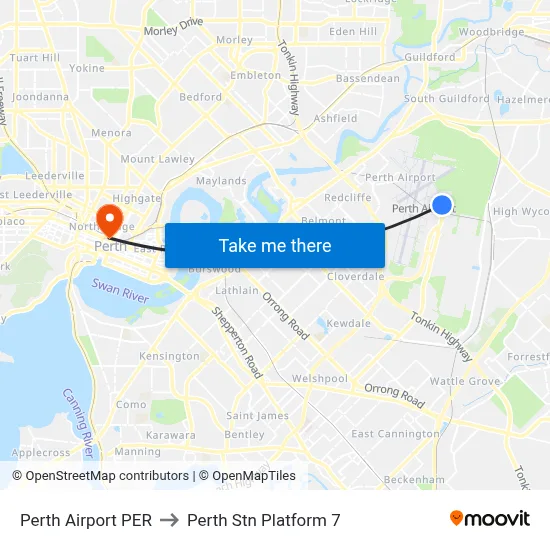 Perth Airport PER to Perth Stn Platform 7 map