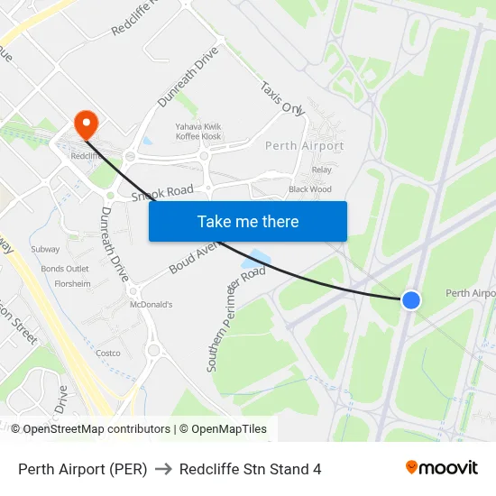 Perth Airport (PER) to Redcliffe Stn Stand 4 map