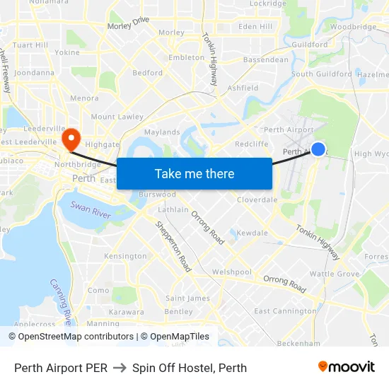 Perth Airport PER to Spin Off Hostel, Perth map