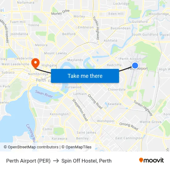 Perth Airport (PER) to Spin Off Hostel, Perth map