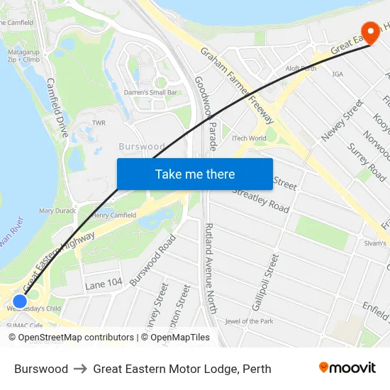 Burswood to Great Eastern Motor Lodge, Perth map