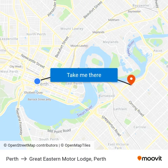 Perth to Great Eastern Motor Lodge, Perth map
