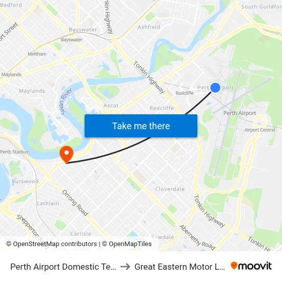 Perth Airport Domestic Terminal T3 T4 to Great Eastern Motor Lodge, Perth map
