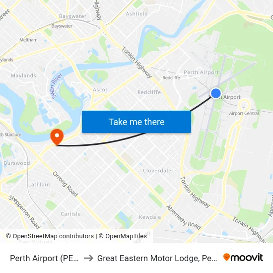 Perth Airport (PER) to Great Eastern Motor Lodge, Perth map