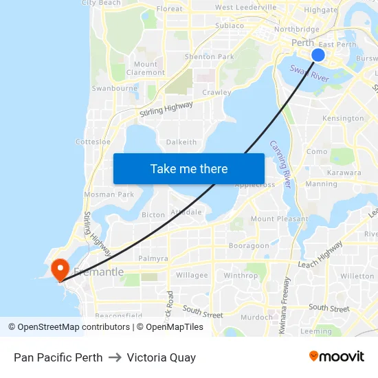 Pan Pacific Perth to Victoria Quay map