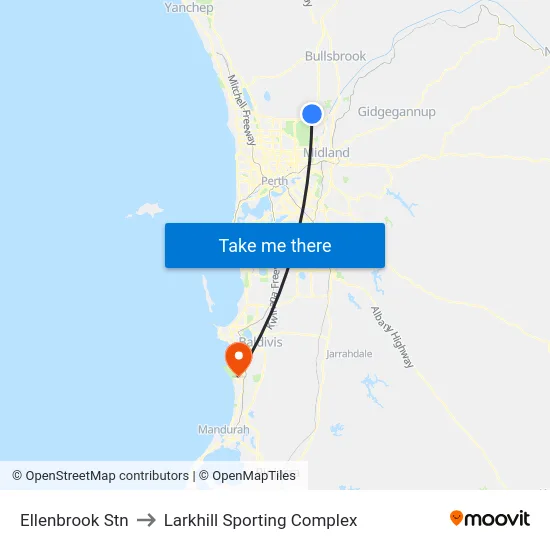 Ellenbrook Stn to Larkhill Sporting Complex map