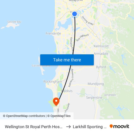 Wellington St Royal Perth Hospital Cat Id 69 to Larkhill Sporting Complex map