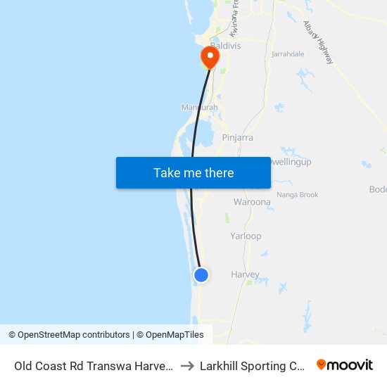 Old Coast Rd Transwa Harvey Turnoff to Larkhill Sporting Complex map