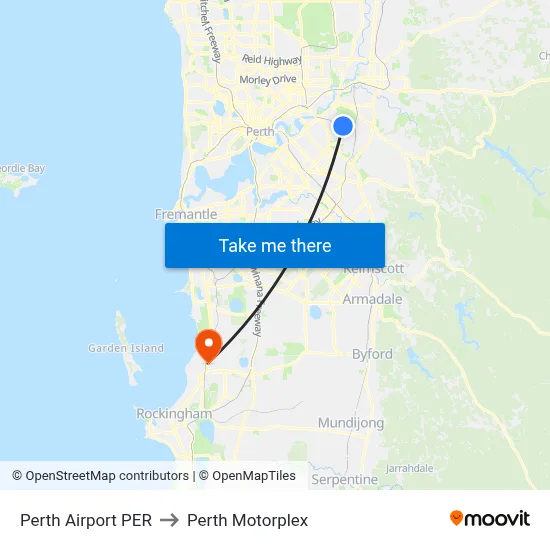 Perth Airport PER to Perth Motorplex map