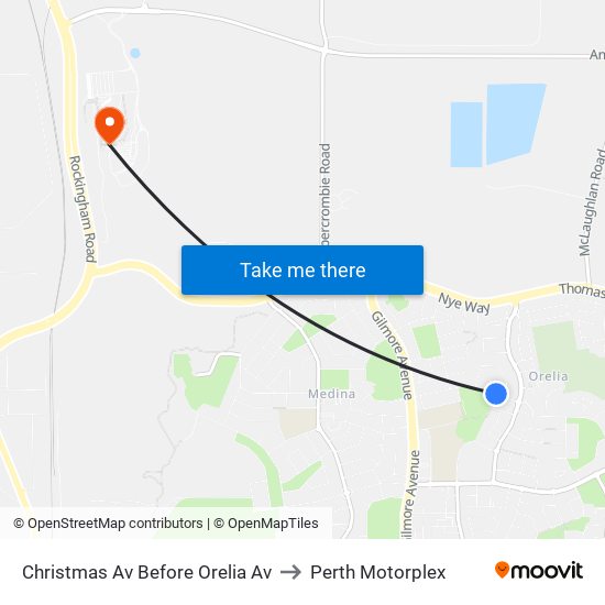 Christmas Av Before Orelia Av to Perth Motorplex map