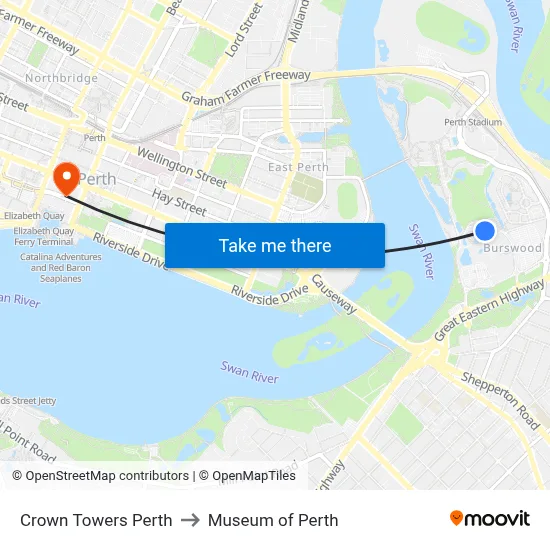 Crown Towers Perth to Museum of Perth map