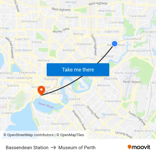 Bassendean Station to Museum of Perth map