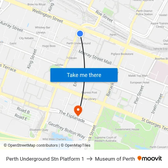 Perth Underground Stn Platform 1 to Museum of Perth map