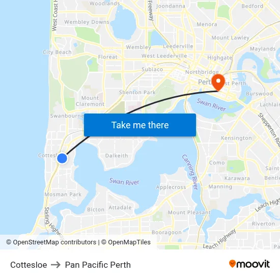 Cottesloe to Pan Pacific Perth map