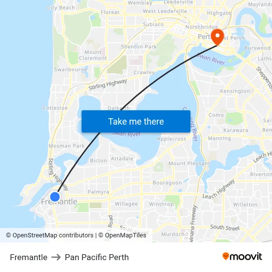 Fremantle to Pan Pacific Perth map