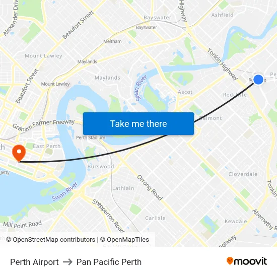 Perth Airport to Pan Pacific Perth map