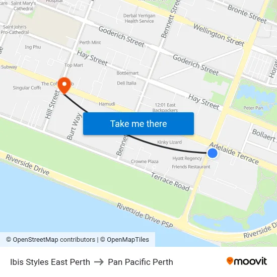 Ibis Styles East Perth to Pan Pacific Perth map