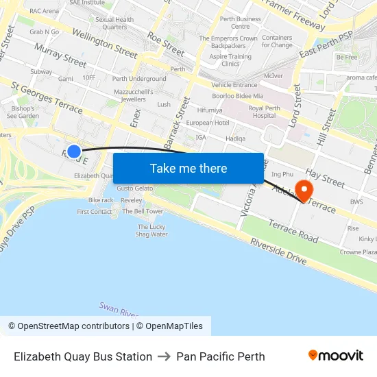 Elizabeth Quay Bus Station to Pan Pacific Perth map