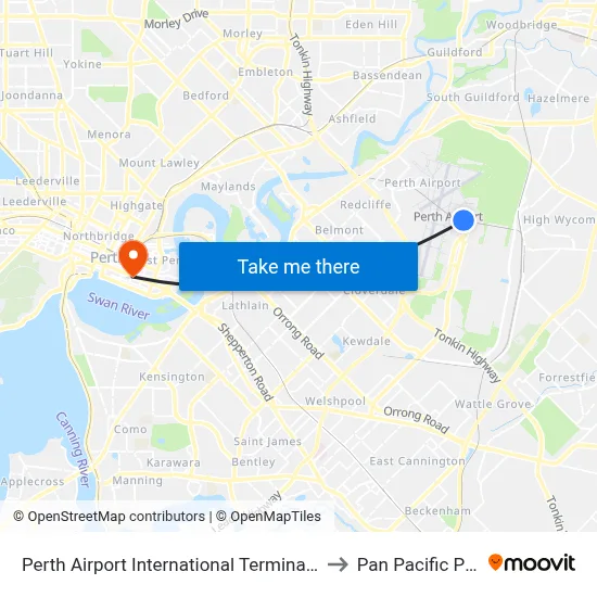 Perth Airport International Terminal T1 T2 to Pan Pacific Perth map