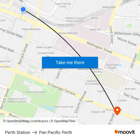 Perth Station to Pan Pacific Perth map